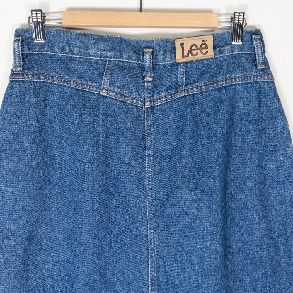 VTG 80s Lee Denim Midi Skirt Womens 14 Pet High Waist Western Made in USA